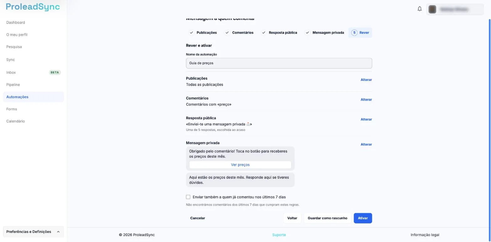 Passo Rever e ativar com o Nome da automação, o resumo de cada secção, a mensagem privada como numa conversa e os botões Cancelar, Voltar, Guardar como rascunho e Ativar.