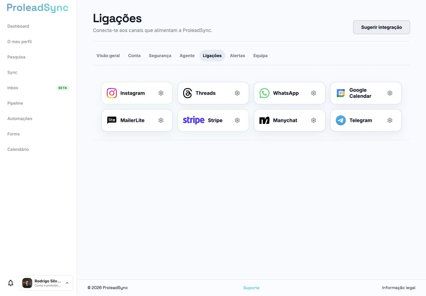 Página Ligações da ProleadSync com o cartão do Instagram.