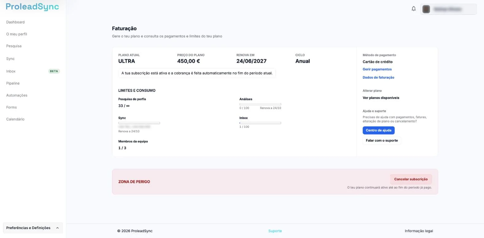 Página Faturação com Plano atual, Preço do plano, Renova em, Ciclo, Limites e consumo e Método de pagamento, com o valor do Sync desfocado.