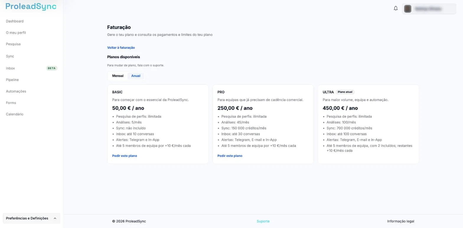 Planos disponíveis com Mensal e Anual e os planos BASIC, PRO e ULTRA, cada um com os créditos Sync por mês e Pedir este plano.