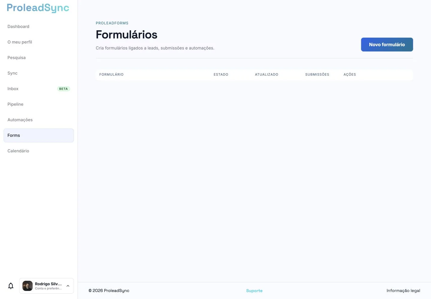 Página Formulários da ProleadSync com o botão Novo formulário.