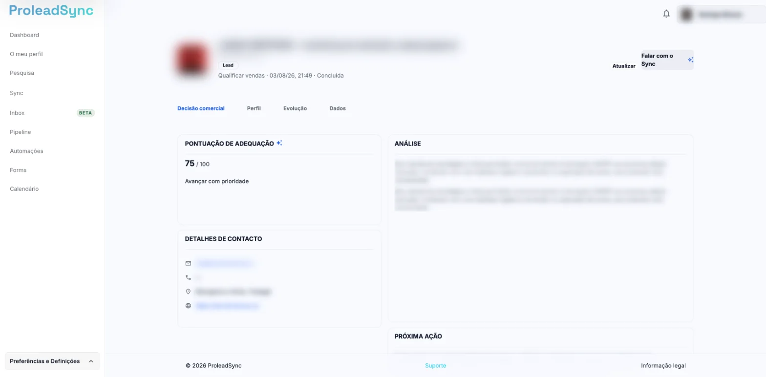 Perfil 360 de um perfil analisado, com a identidade e a análise desfocadas.