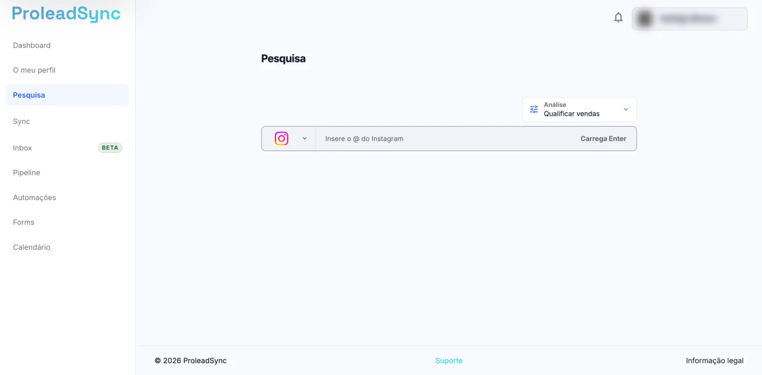 Página Pesquisa com a origem Instagram, o campo Insere o @ do Instagram e o seletor Análise.