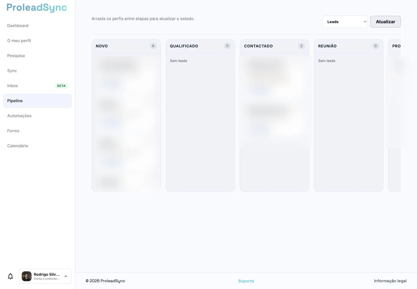 Pipeline da ProleadSync com os cartões desfocados e a ação Ver detalhes.