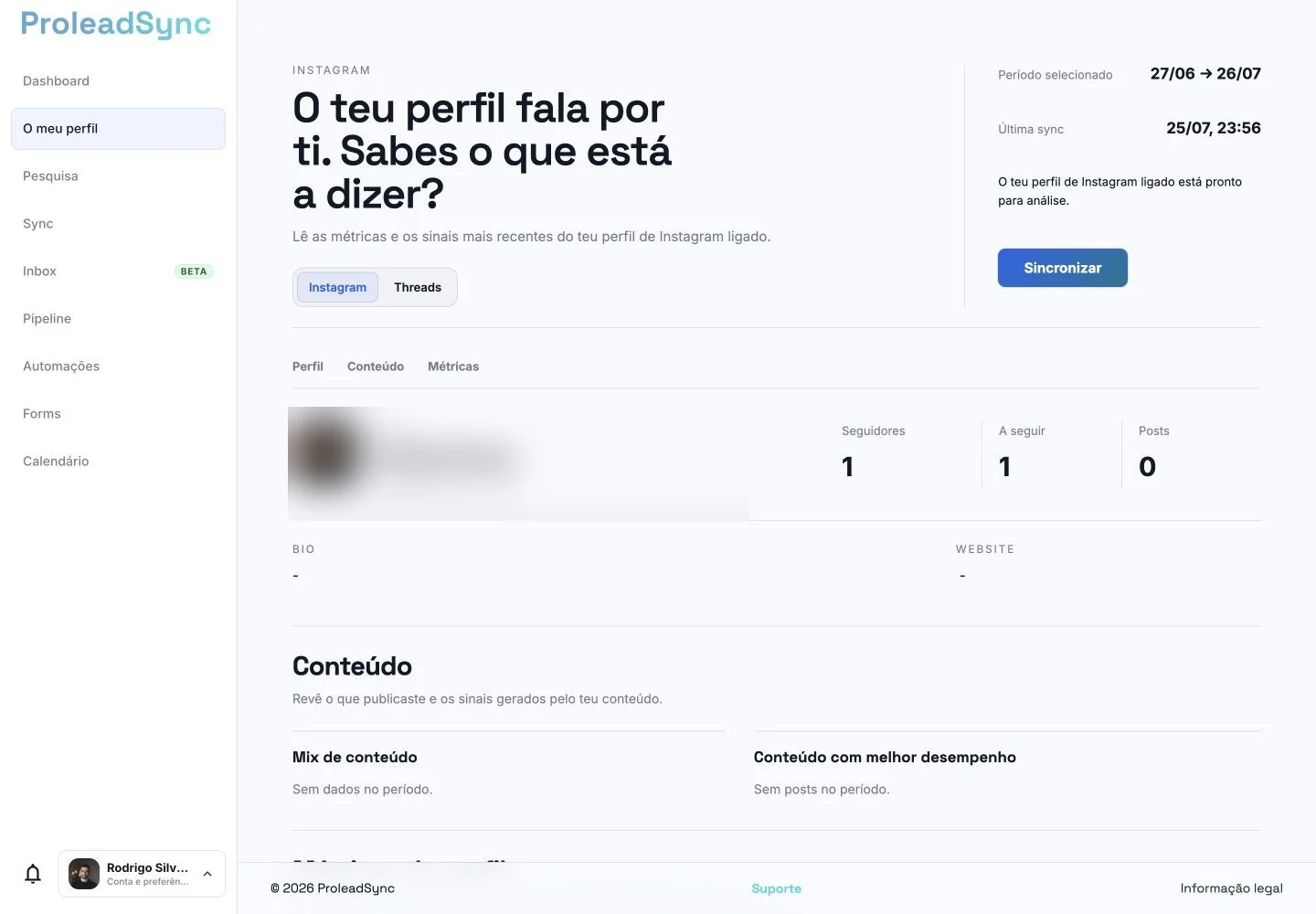 Área de perfil da ProleadSync com a identidade desfocada e as secções de análise visíveis.