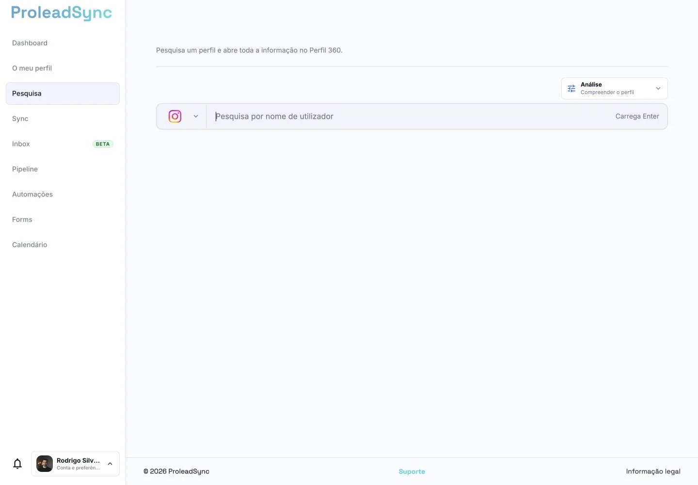 Página Pesquisa da ProleadSync onde se inicia a análise de um perfil.
