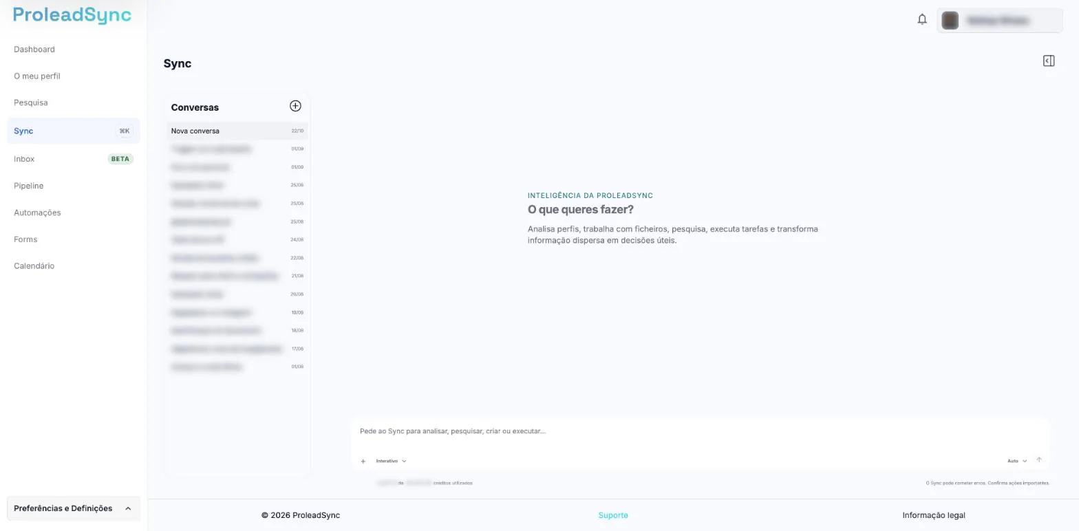 Página Sync pronta para receber um pedido, com a lista de Conversas desfocada.