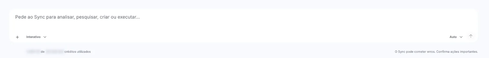 Caixa de mensagem do Sync com a linha de créditos utilizados por baixo, com os valores desfocados.