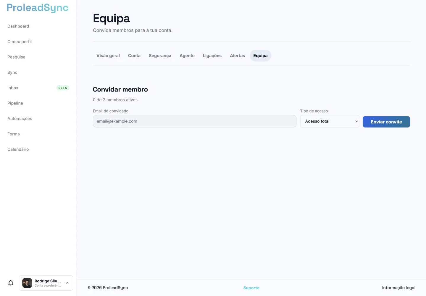 Página Equipa da ProleadSync com o formulário para convidar um membro.
